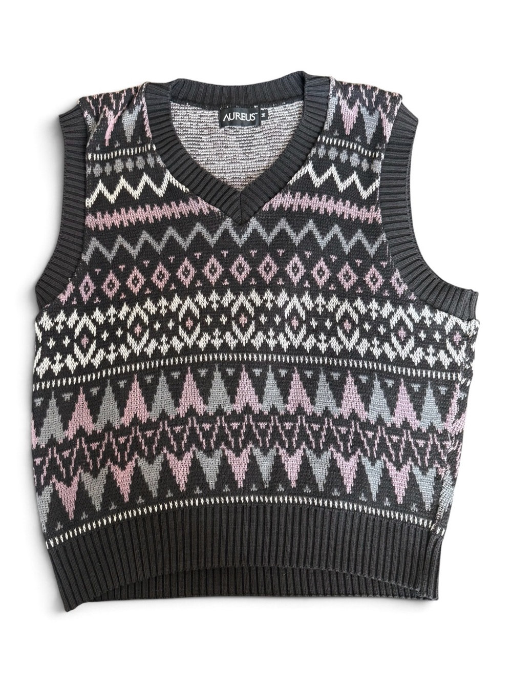 AUREUS - Men's Black V-Neck Fair Isle Sweater Vest - Pink & Gray Pattern